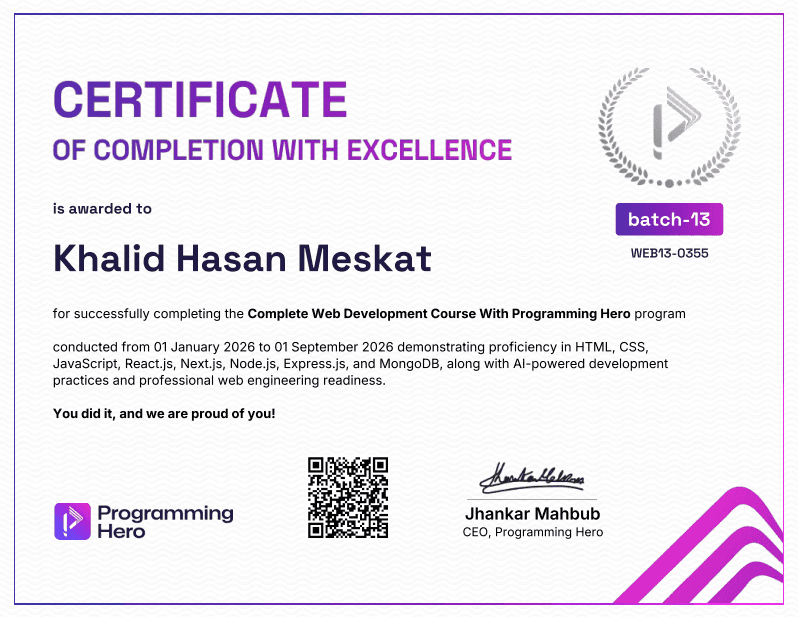 Complete Web Development Course certificate