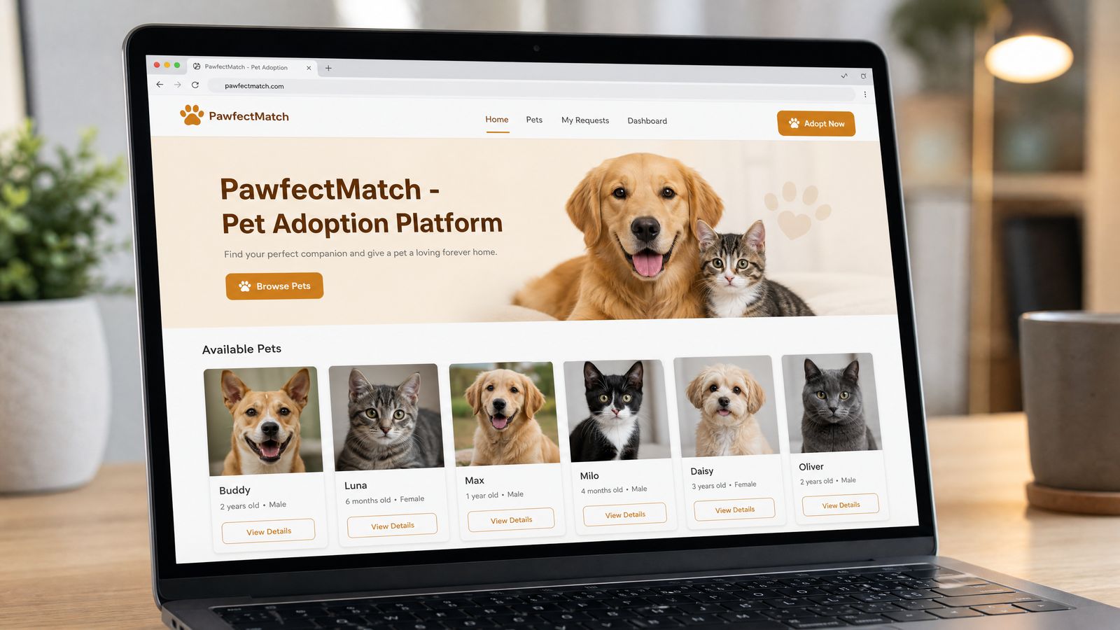 Screenshot of PawfectMatch — Pet adoption platform with owner dashboard
